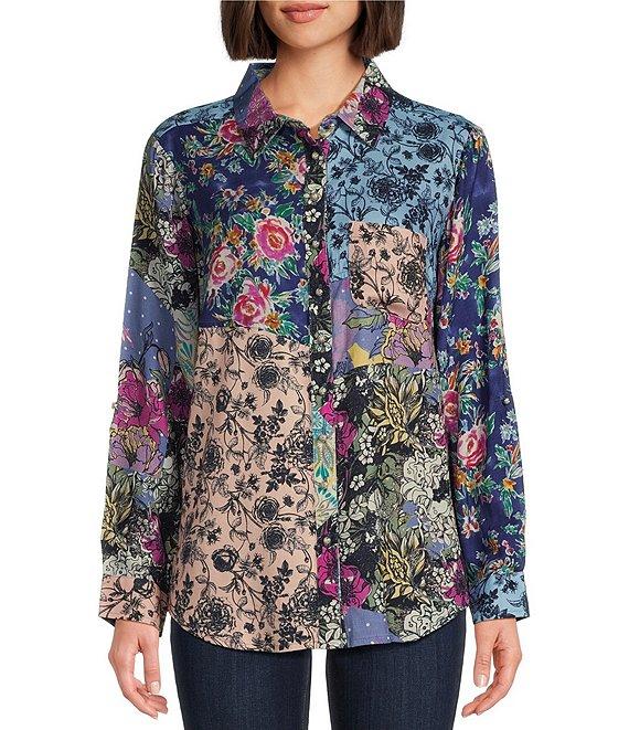 Tru Luxe Jeans Floral Patchwork Print Collared Neck Roll Tab Sleeve Top Product Image