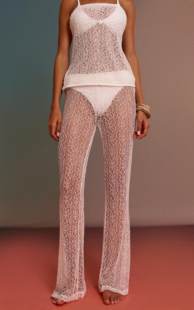 White Textured Knit Straight Leg Pants Product Image