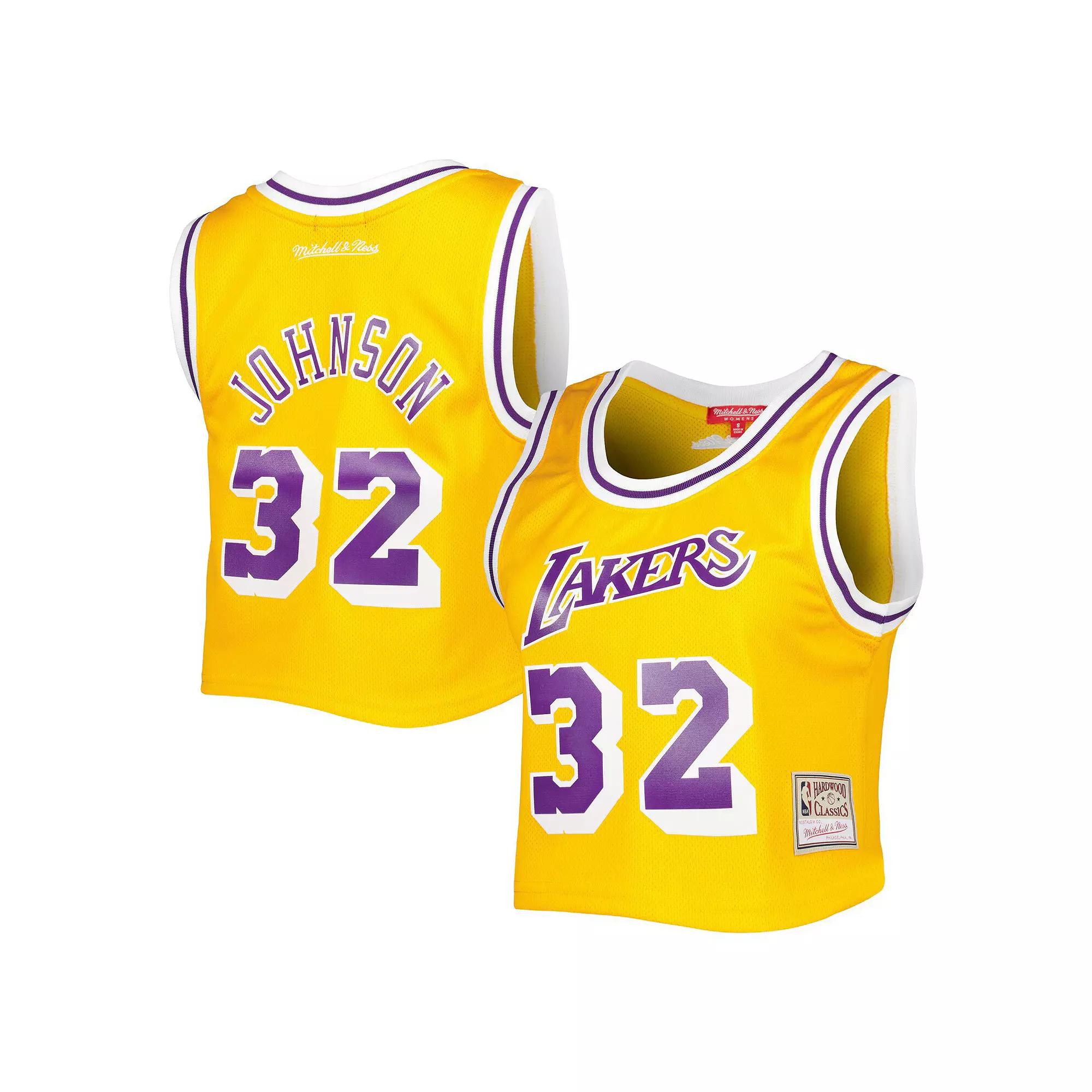 Women's Mitchell & Ness Magic Johnson Gold Los Angeles Lakers 1984 Hardwood Classics Crop Player Tank Top,  Product Image