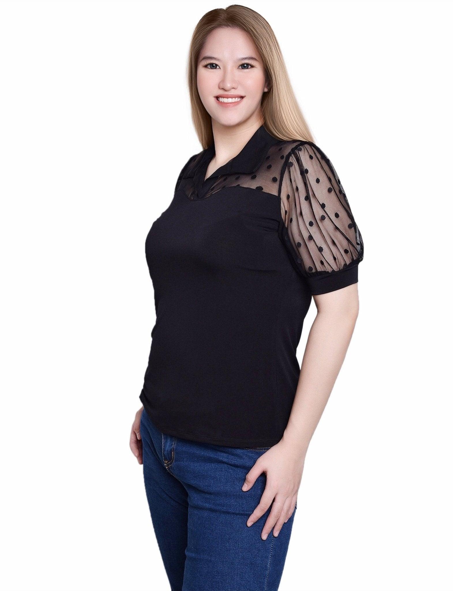 Black Short Sleeve Top With Dotted Mesh - Petite Product Image