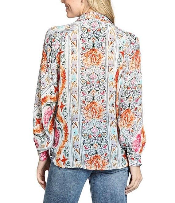 APNY Woven Printed V-Neck Half Placket Long Sleeve Blouse Product Image