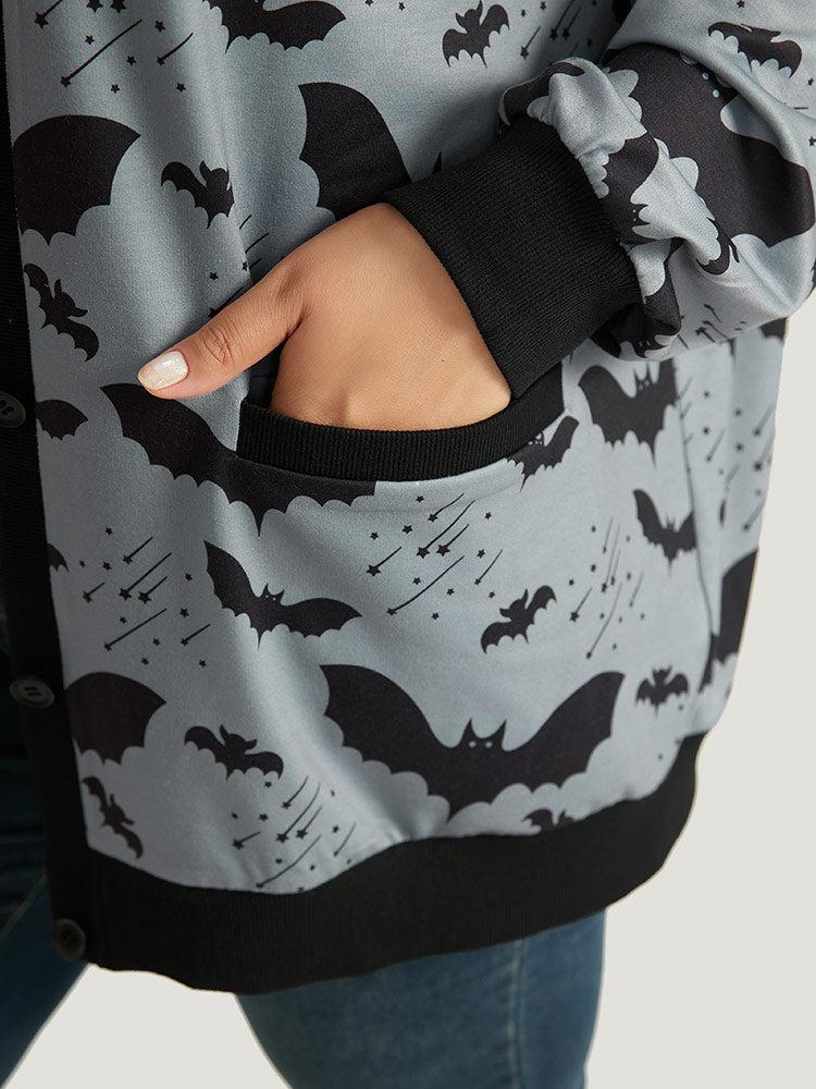 Halloween Bat Print Pocket Button Up Rib Knit Coat Female Product Image