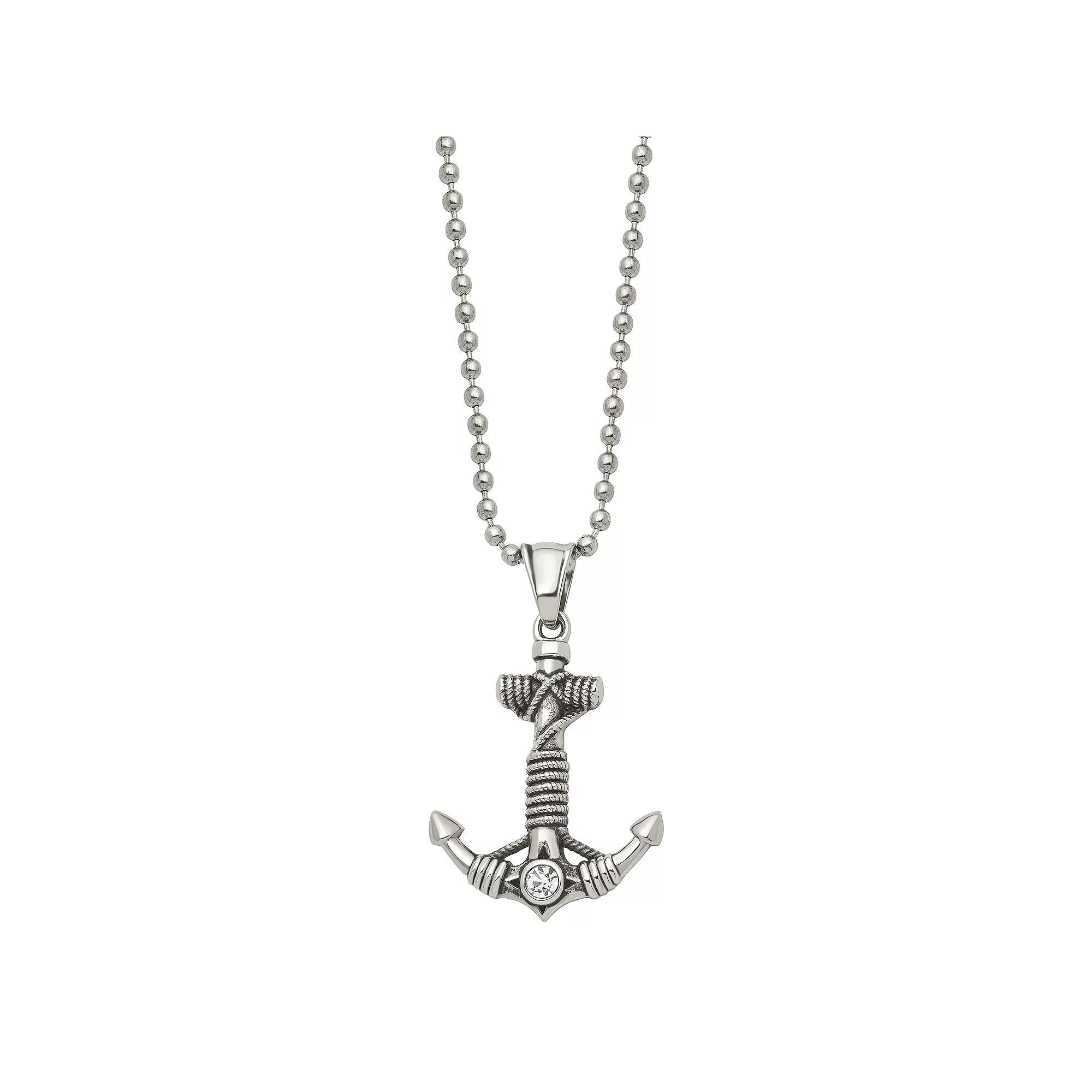 Men's Antiqued Stainless Steel Cubic Zirconia Anchor Pendant Necklace, Size: 20" Product Image