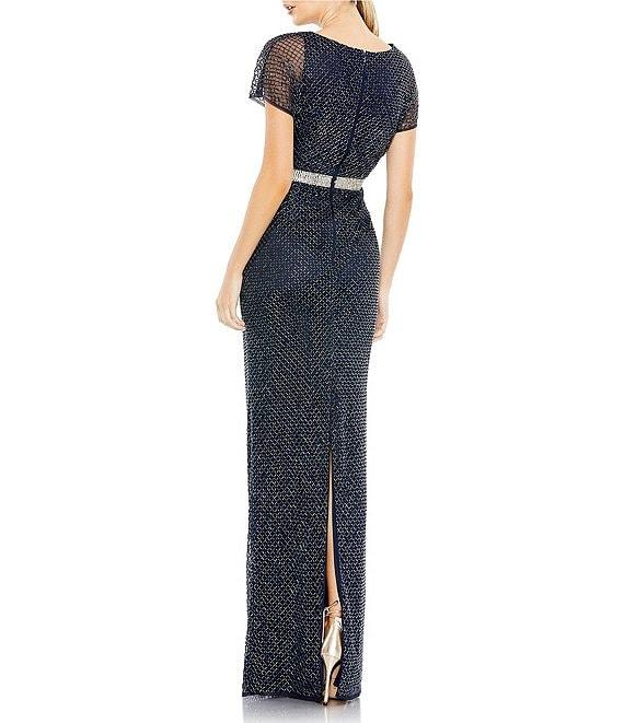 Mac Duggal Surplice V-neck Short Sleeve Beaded Column Gown Product Image