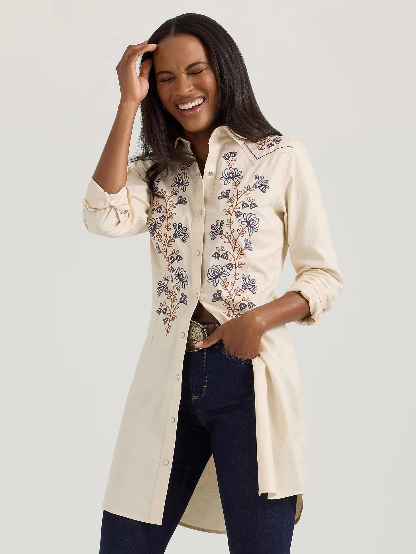 Women's Embroidered Wildflower Western Snap Shirt Dress | Women's DRESSES & JUMPSUITS | Wrangler® Product Image