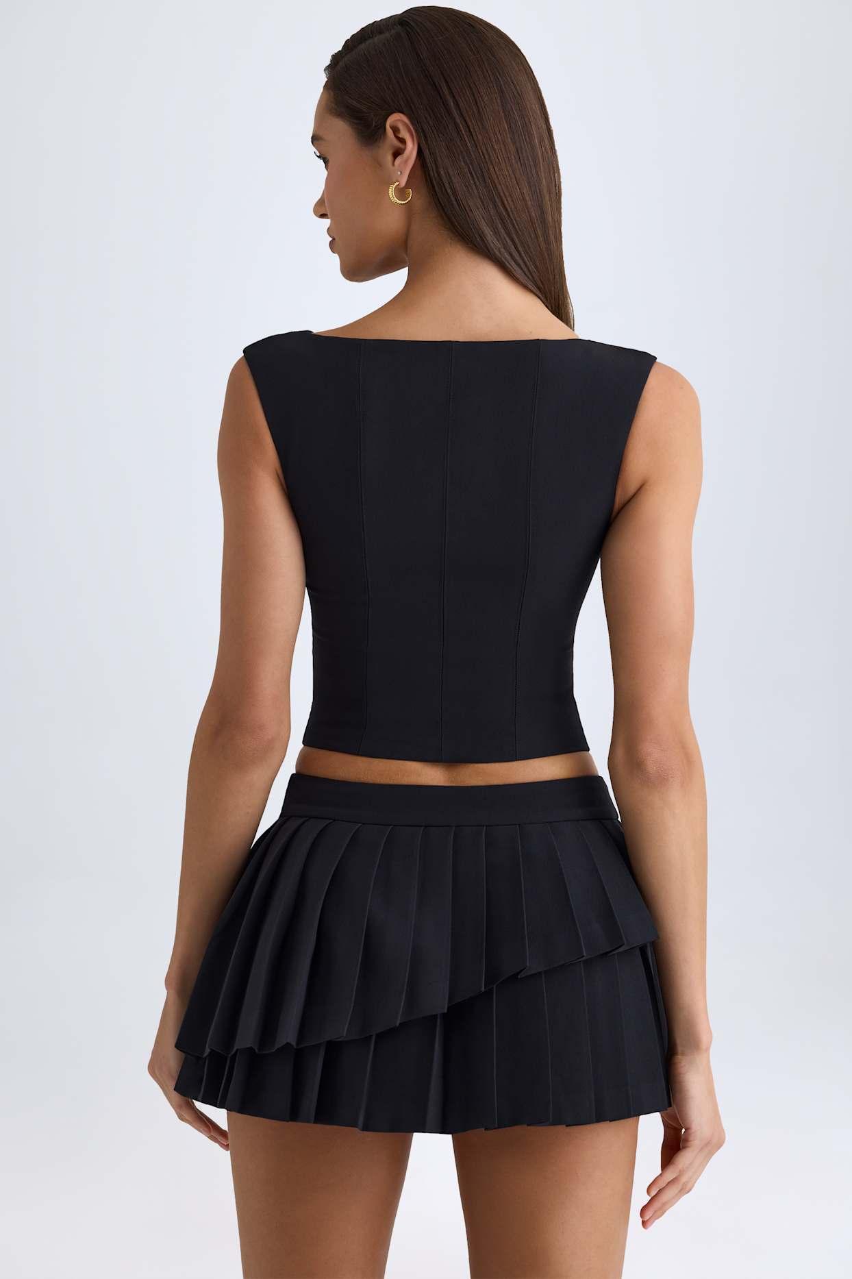 Layered Pleated Low-Rise Mini Skirt in Black Product Image
