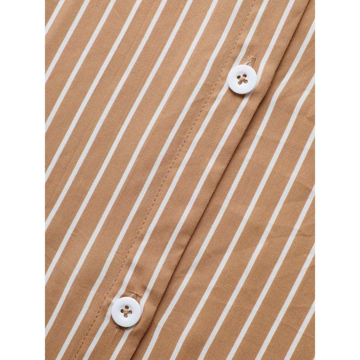 Plus Size Striped Shirt Collar Curved Hem Midi Dress LightBrown Women Workwear Essentials Belted Shirt collar Long Sleeve Curvy BloomChic 28/5X Product Image