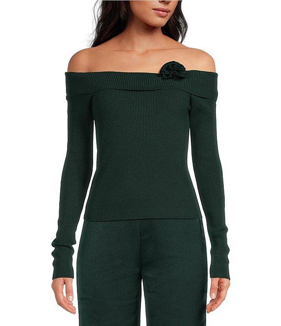 Sage The Label Off-The-Shoulder Neck Long Sleeve Rosette Sweater Top Product Image
