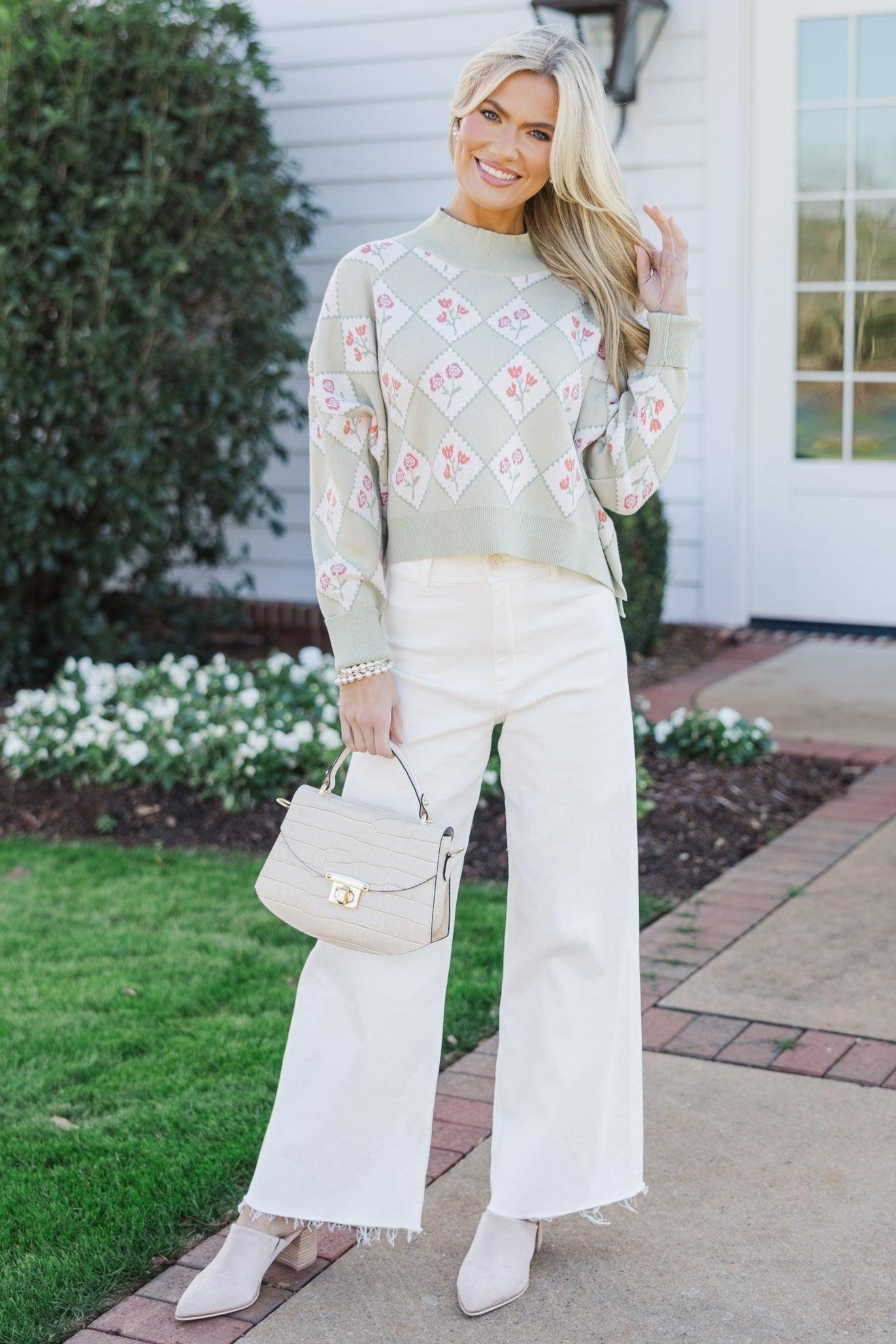 Perfectly You Sage Floral Argyle Cropped Sweater Female Product Image