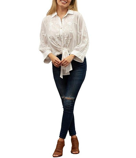 Karyn Seo Alanis Hand-Embroidered Spread Collar Long Sleeve Button-Front Self-Tie Blouse Product Image