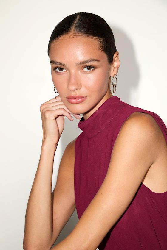 Classic Elegance Red Chiffon Sleeveless Mock Neck Mini Dress Product Image