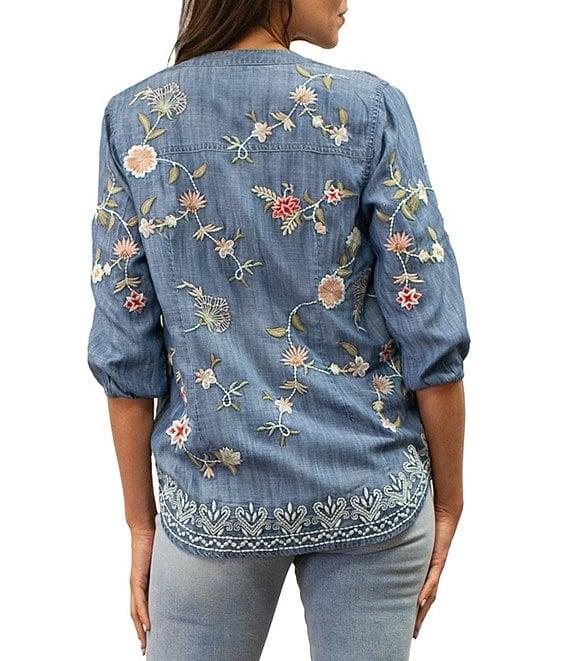 Karyn Seo Tyra Embroidered Chambray V-Neck 3/4 Sleeve Blouse Product Image