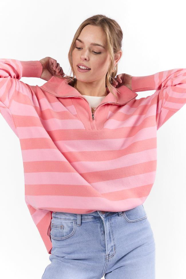 Pulling Heartstrings Coral Multi Stripe Quarter Zip Pullover FINAL SALE Product Image