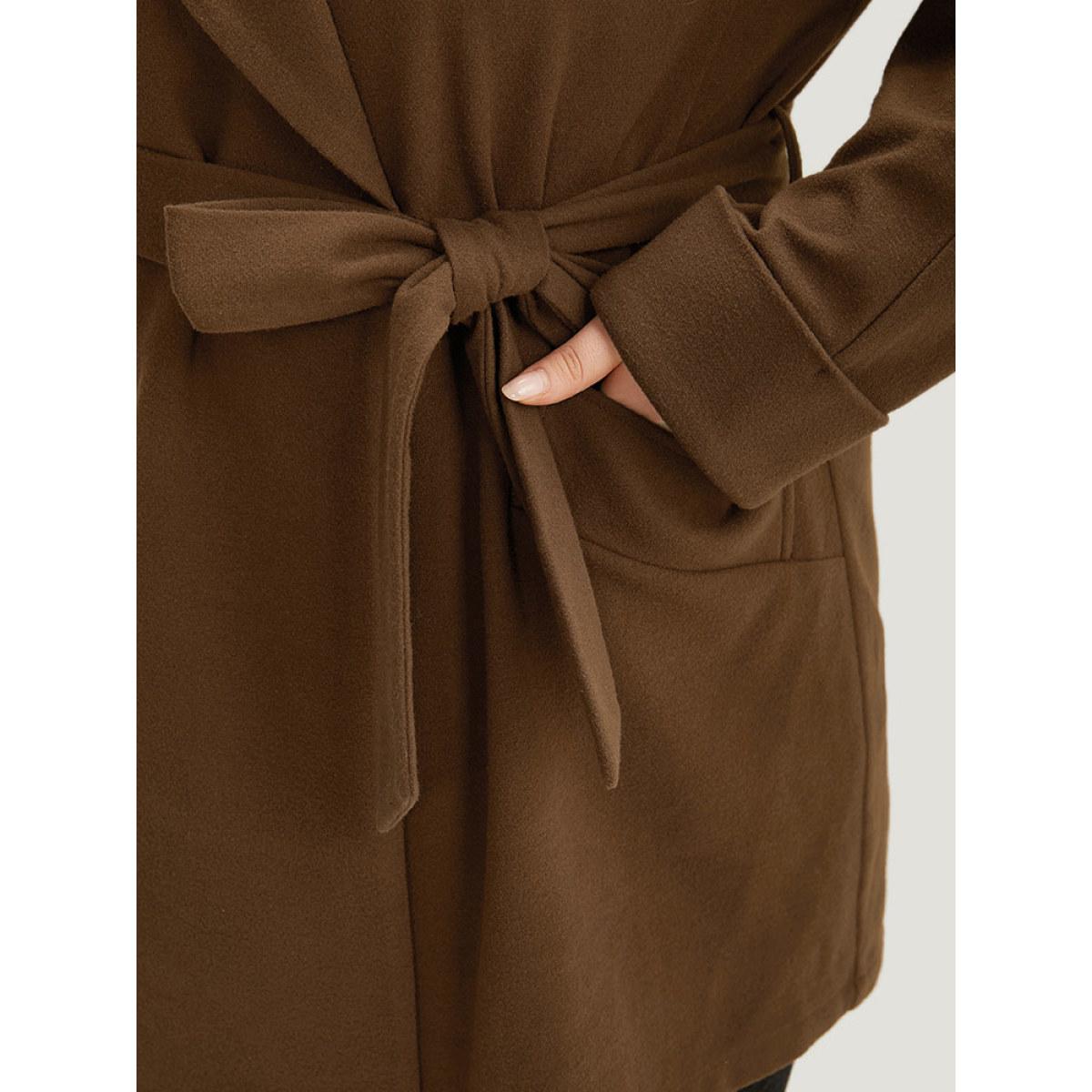 Plus Size Plain Lapel Collar Pocket Belted Coat Women DarkBrown Casual Plain Ladies Dailywear Winter Coats BloomChic 14-16/1X Product Image