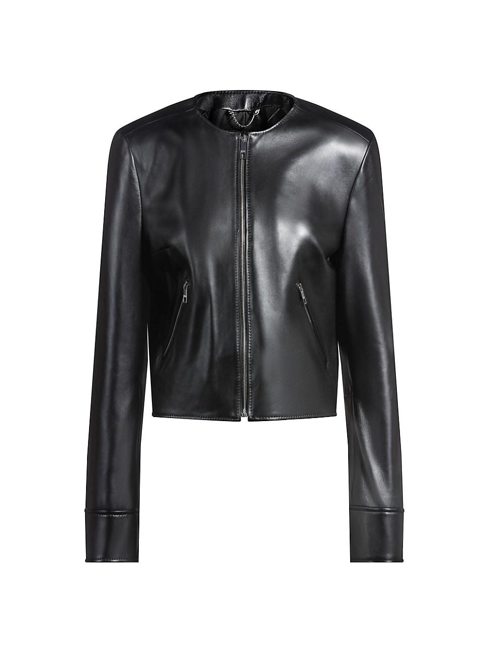 Womens Collarless Leather Jacket with Zip Closure Product Image