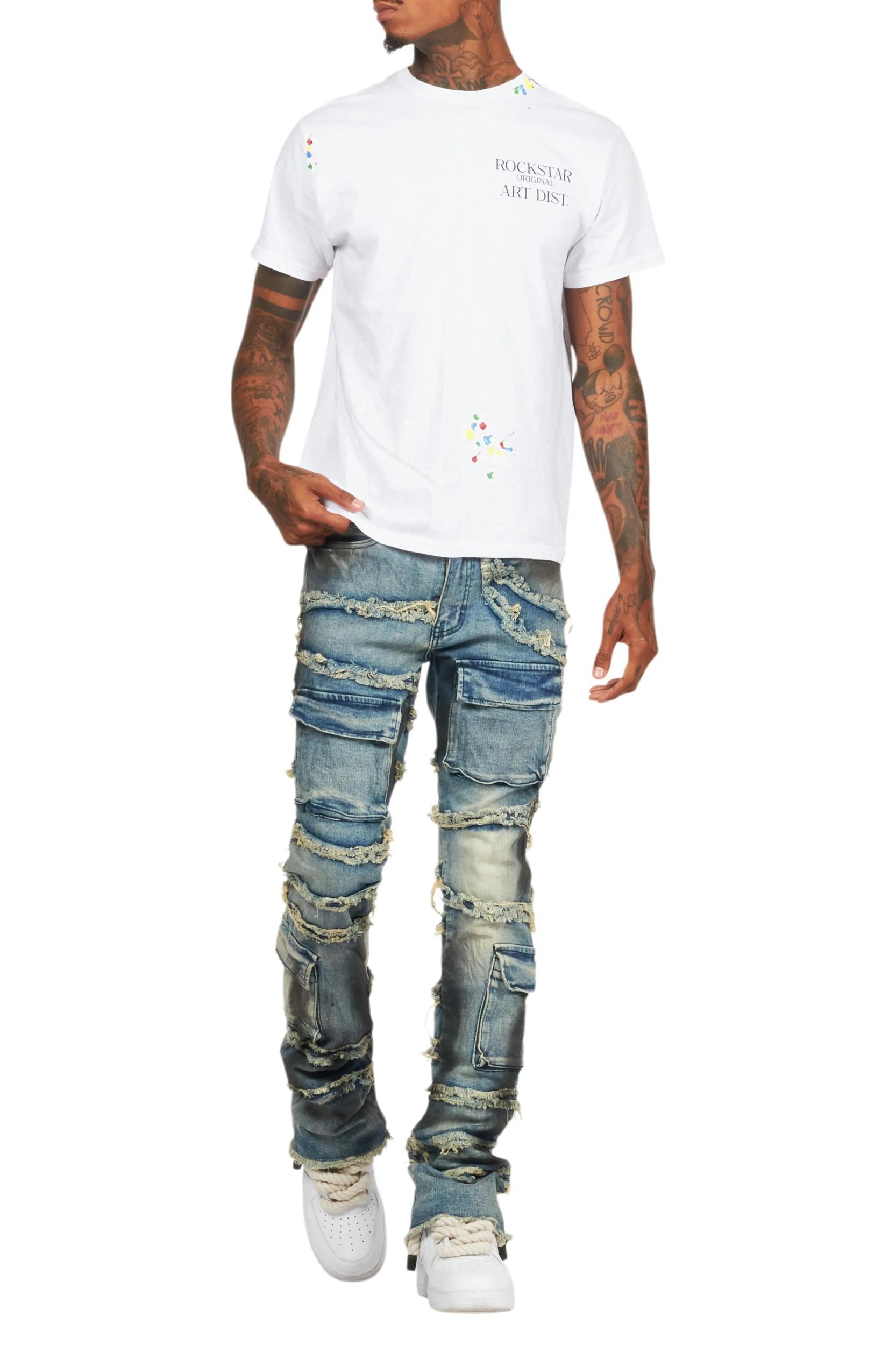 Yves Blue Stacked Flare Cargo Jean Male Product Image