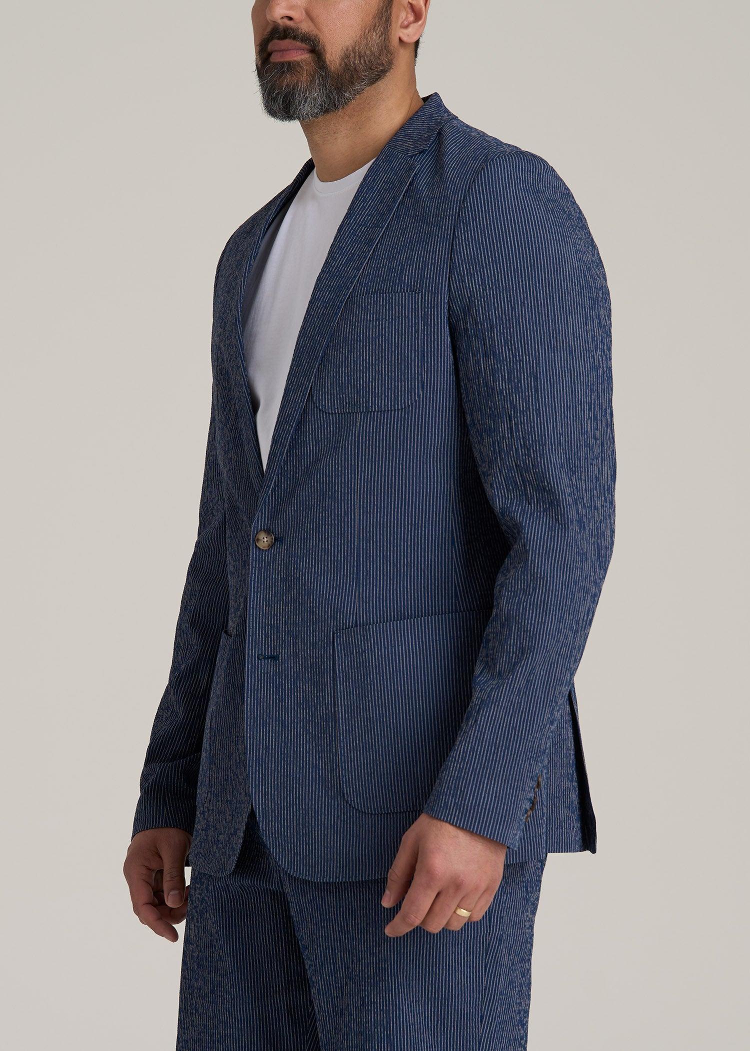 Stretch Seersucker Blazer for Tall Men in Navy and Off White Stripe Male Product Image