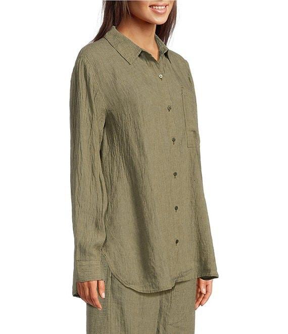 Eileen Fisher Puckered Organic Linen Point Collar Long Sleeve Shirt Product Image