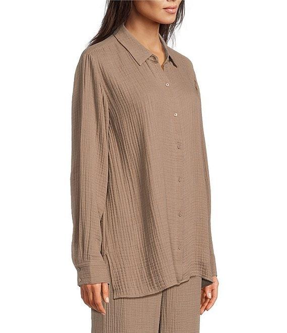 Eileen Fisher Petite Size Organic Cotton Gauze Point Collar Long Sleeve Top Product Image