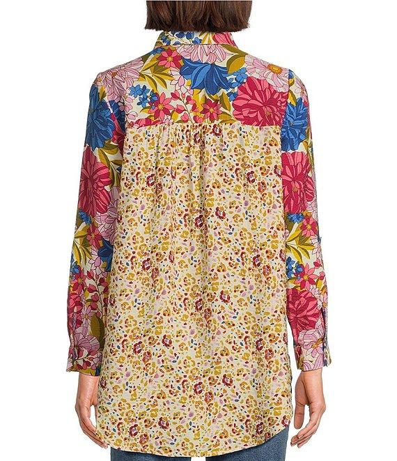 Figueroa & Flower Woven Floral Point Collar Long Roll-Tab Sleeve Button Front Blouse Product Image