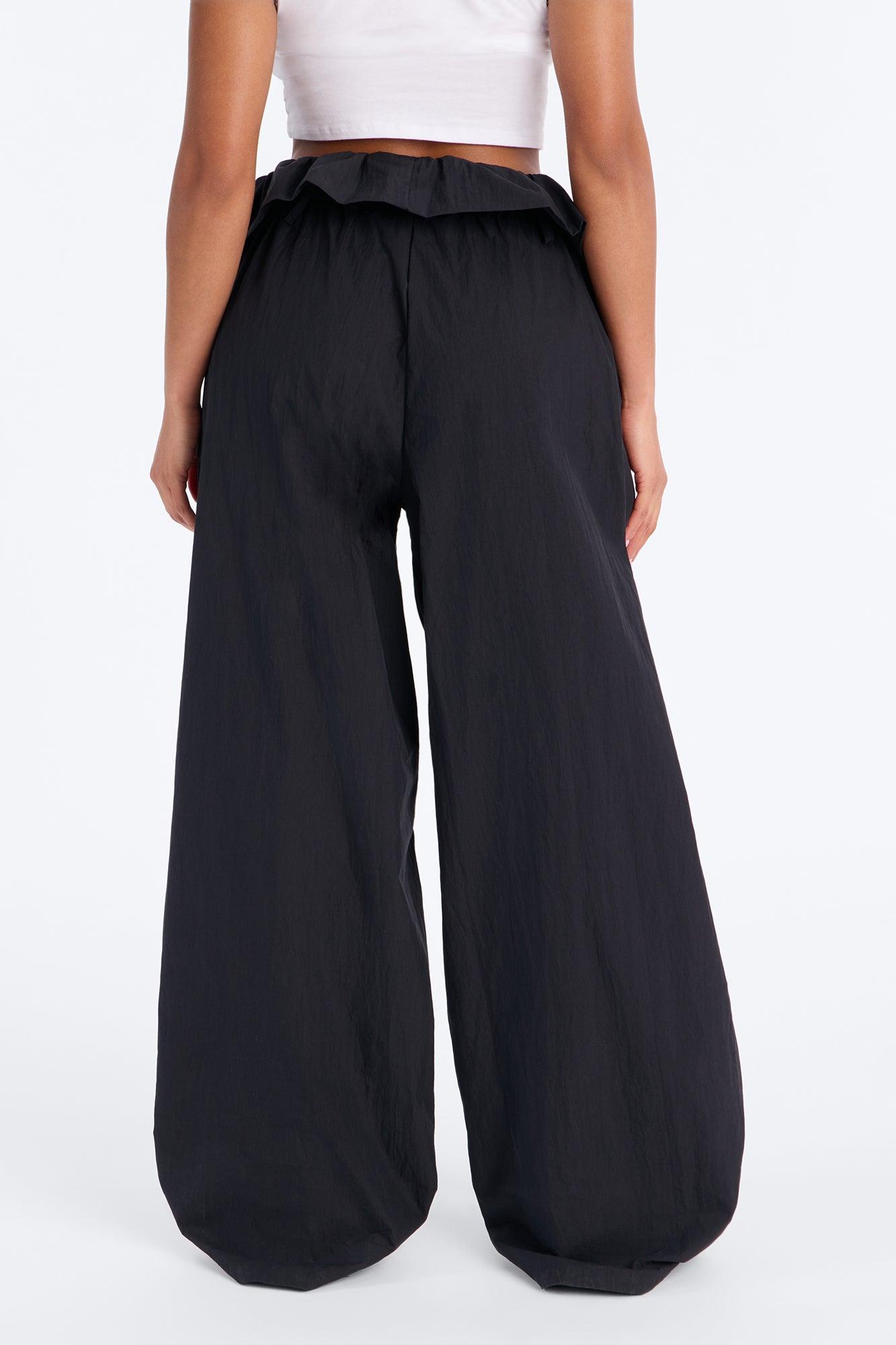 All Strings Attached Fold Over Waist Windbreaker Pant 33″ - Black Female Product Image