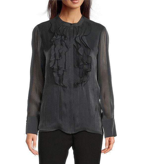 KARL LAGERFELD PARIS Organza Collared Long Sleeve Ruffle Front Blouse Product Image