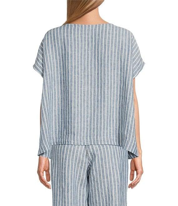 Bryn Walker Bessie Stripe Linen Round Neck Cap Sleeve Button Front Coordinating Shirt Product Image