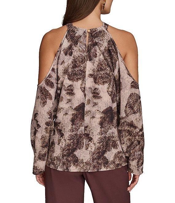 Donna Karan Printed Georgette Halter Neck Cold Shoulder Long Sleeve Top Product Image