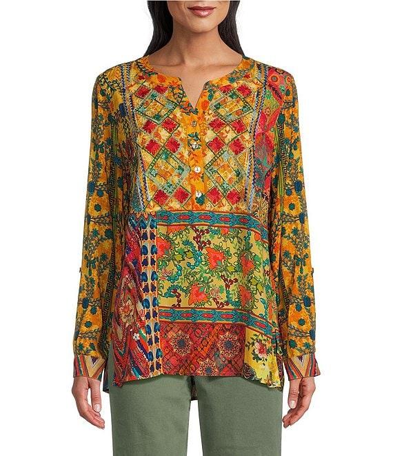 John Mark Floral Printed Y-Neck 3/4 Roll-Tab Sleeve Tunic Top Product Image