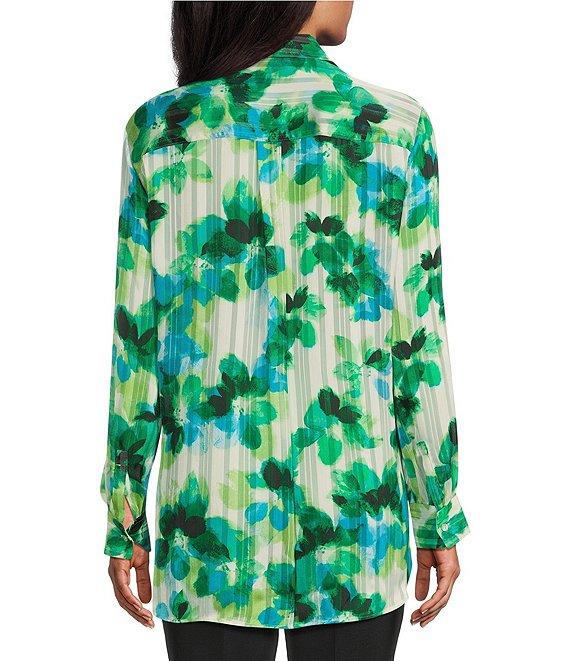 Investments Woven Multi Layered Petals Long Sleeve Point Collar Button Front Top Product Image