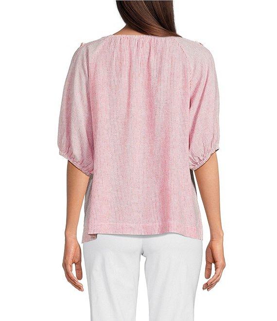 Ali Miles Woven Stripe Linen Blend Yarn-Dyed Split Round Neck Elbow Sleeve Frayed Hem Tunic Product Image