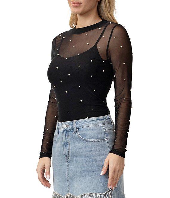 Stevie by Steve Madden Power Mesh Faux Pearl Crew Neck Long Sleeve Cami Top Product Image