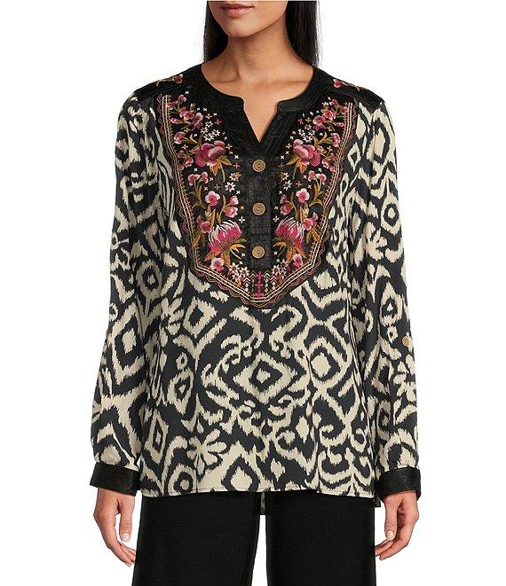 John Mark Velvet-Detailed Floral-Embroidered Y-Neck Long Sleeve Top Product Image