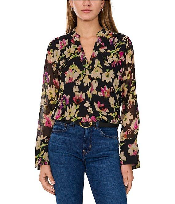 Vince Camuto Charmeuse Floral Print Split V-Neck Long Sleeve Blouse Product Image