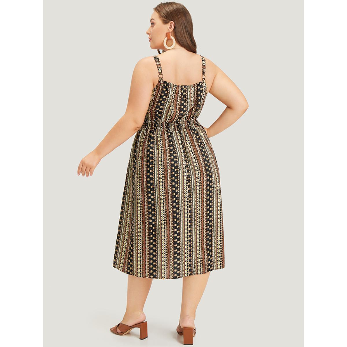 Plus Size Bandana Print Shirred Pocket Split Wrap Cami Dress DarkBrown Women Vacation Adjustable Straps Spaghetti Strap Sleeveless Curvy Midi Dress BloomChic 30/6X Product Image