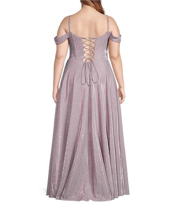 City Vibe Plus Size Off-The-Shoulder Drape Neck Spaghetti Strap Ballgown Product Image