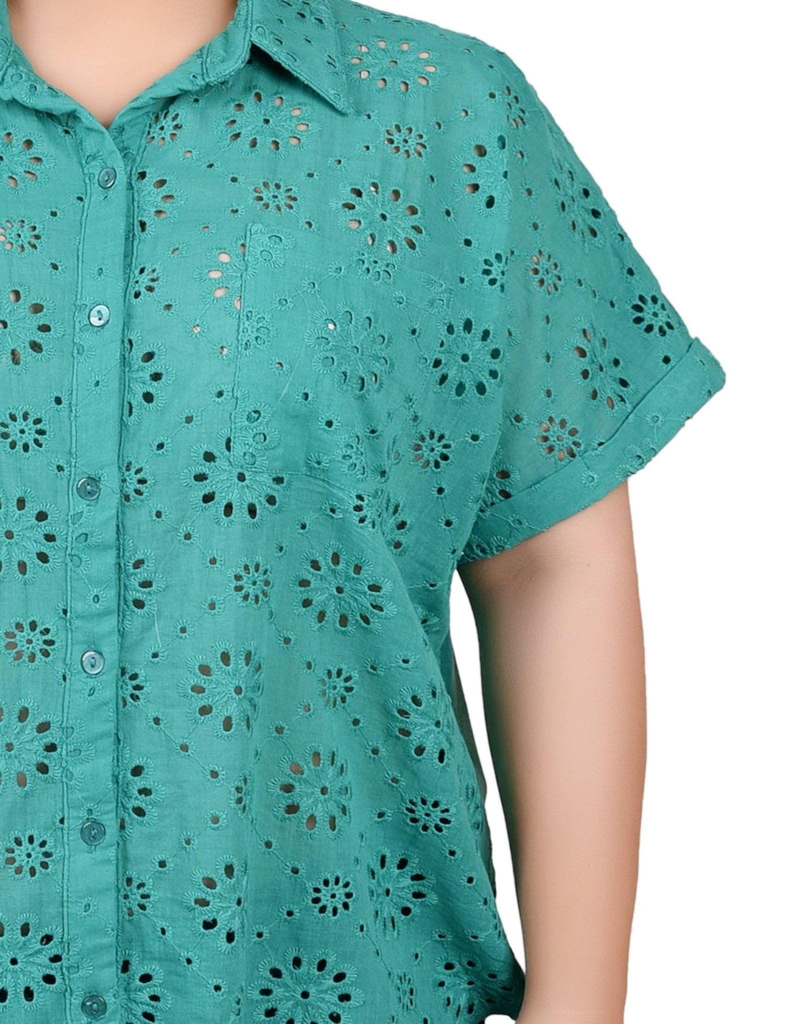 Short Sleeve Eyelet/Jersey Blouse - Plus Product Image