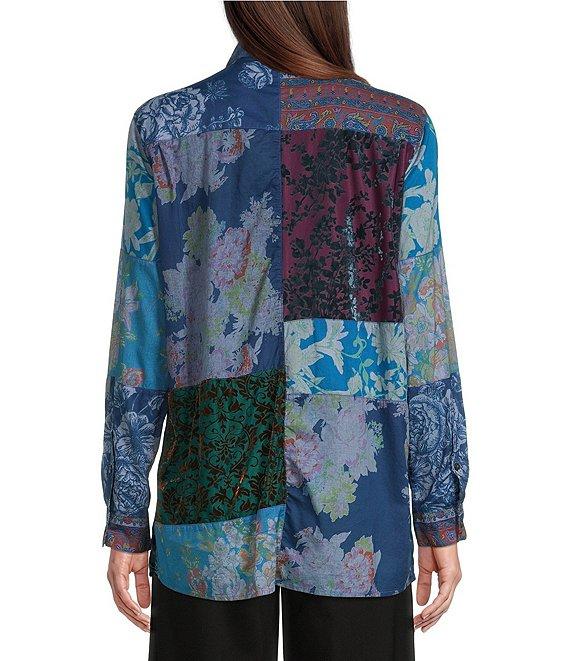 John Mark Patchwork Print Button Front Long Roll-Tab Sleeve Blouse Product Image