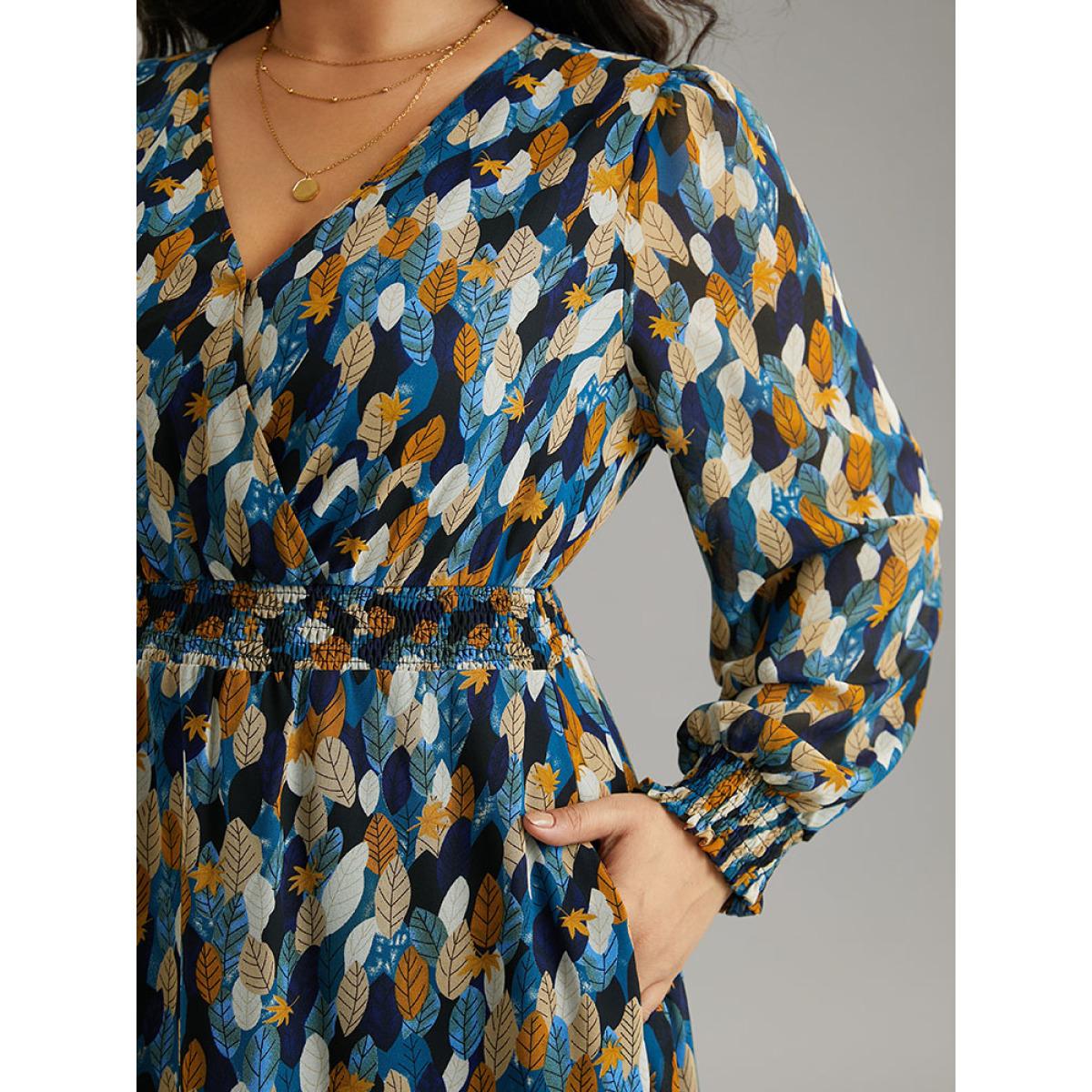 Plus Size Overlap Collar Feather Shirred Pocket Dress DarkBlue Women Elegant Wrap Overlap Collar Long Sleeve Curvy Midi Dress BloomChic 12/L Product Image