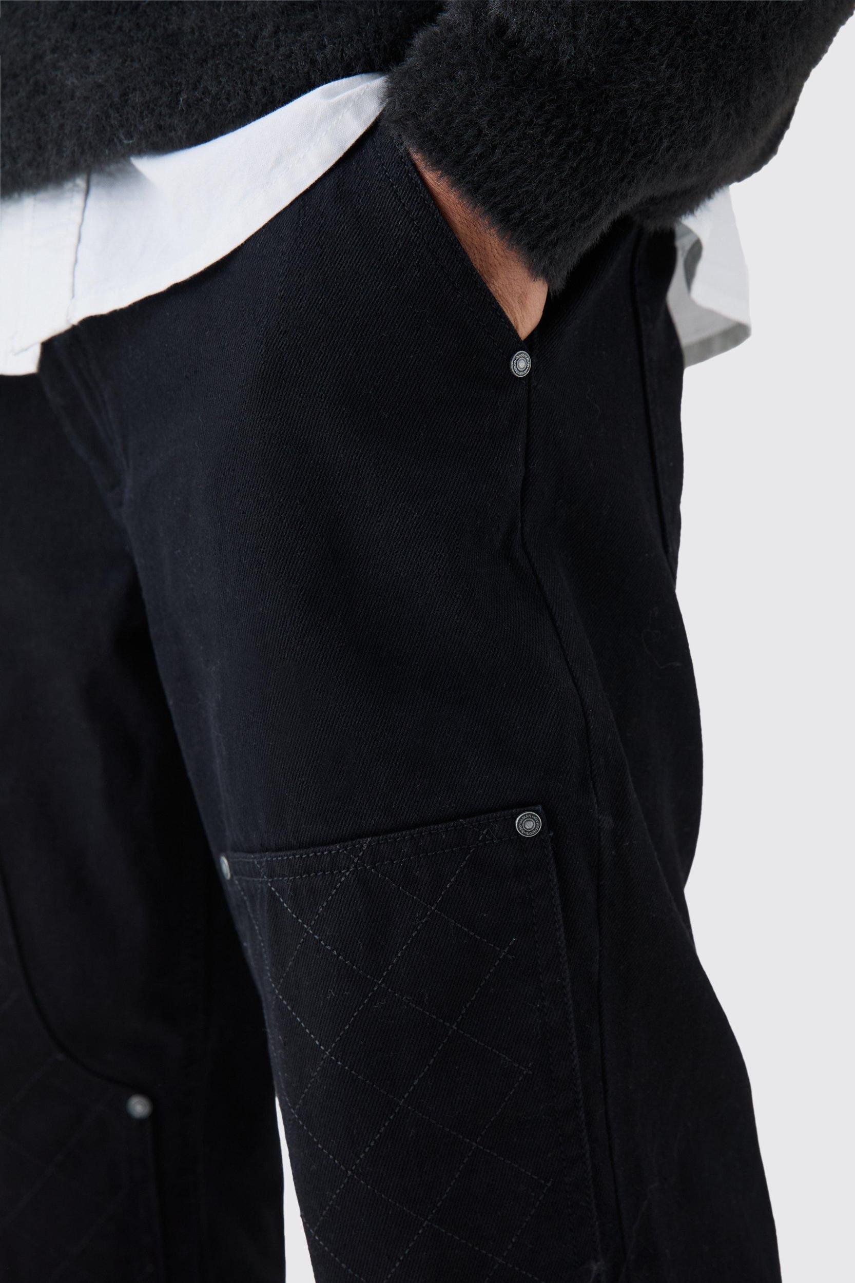 Relaxed Rigid Top Stitch Detail Carpenter Jean In Black | boohooMAN USA Product Image