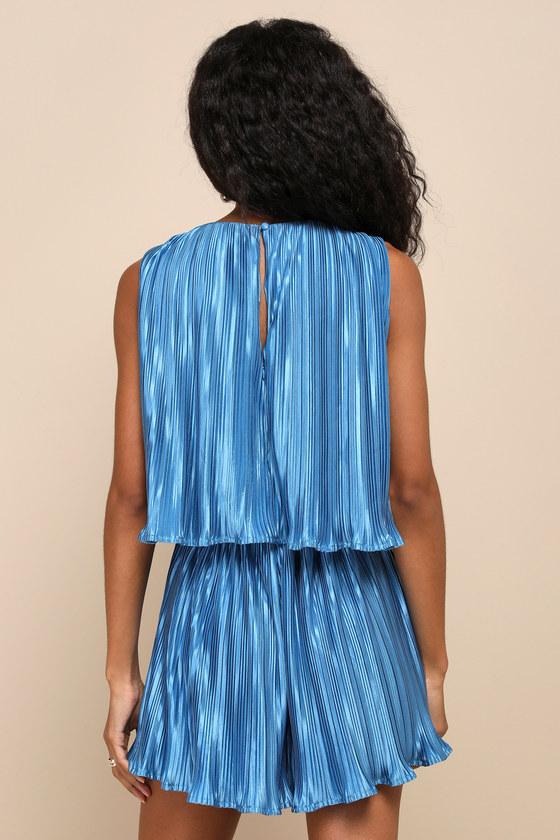 Chic Lavishness Blue Satin Plisse Sleeveless Romper Product Image