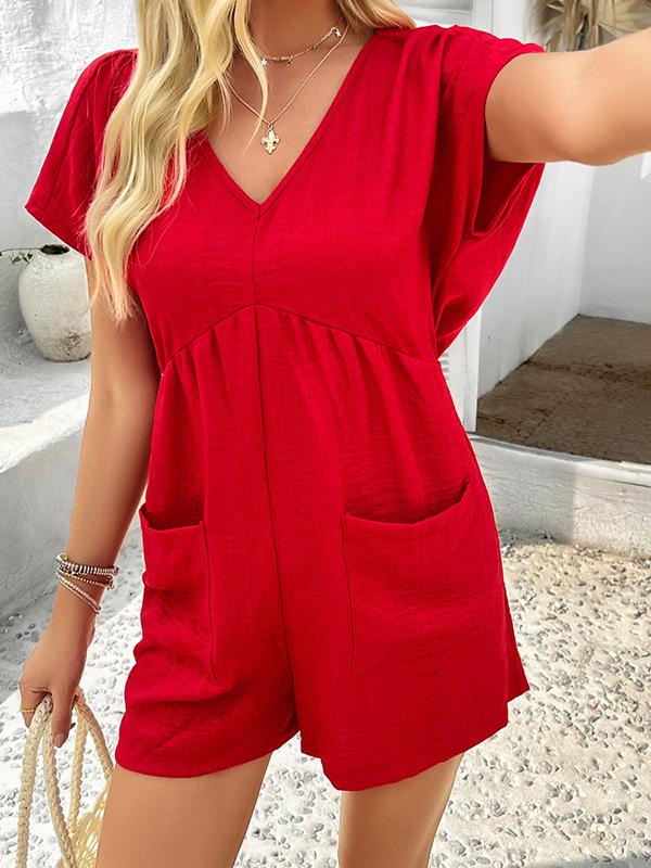 High Waisted Loose Backless Pockets Solid Color V-Neck Rompers Product Image