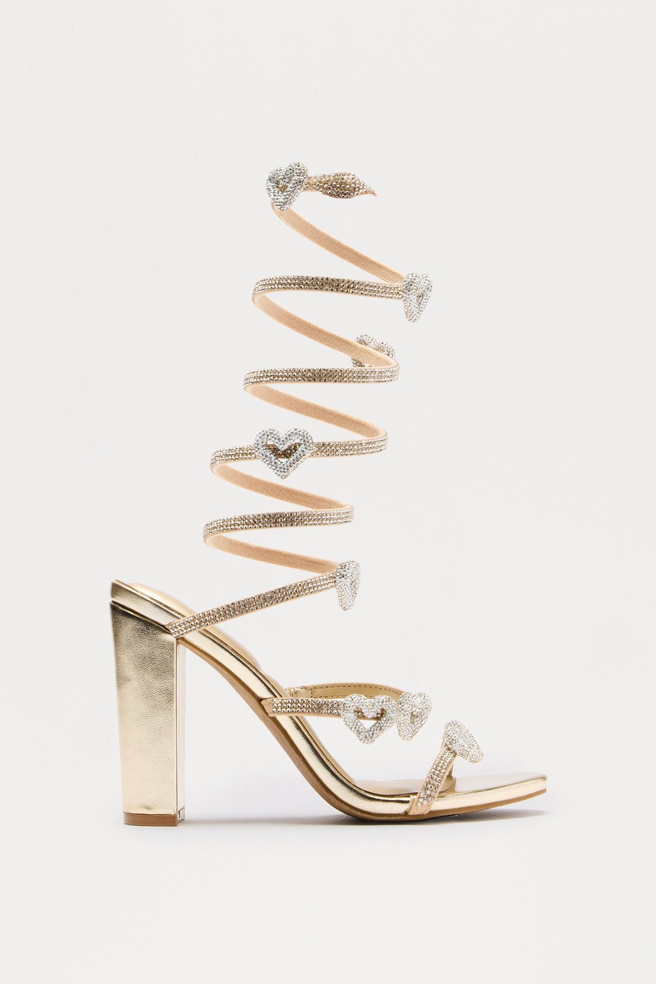 Jazz Rhinestone Heart Wrap Up Heels - Gold Female Product Image