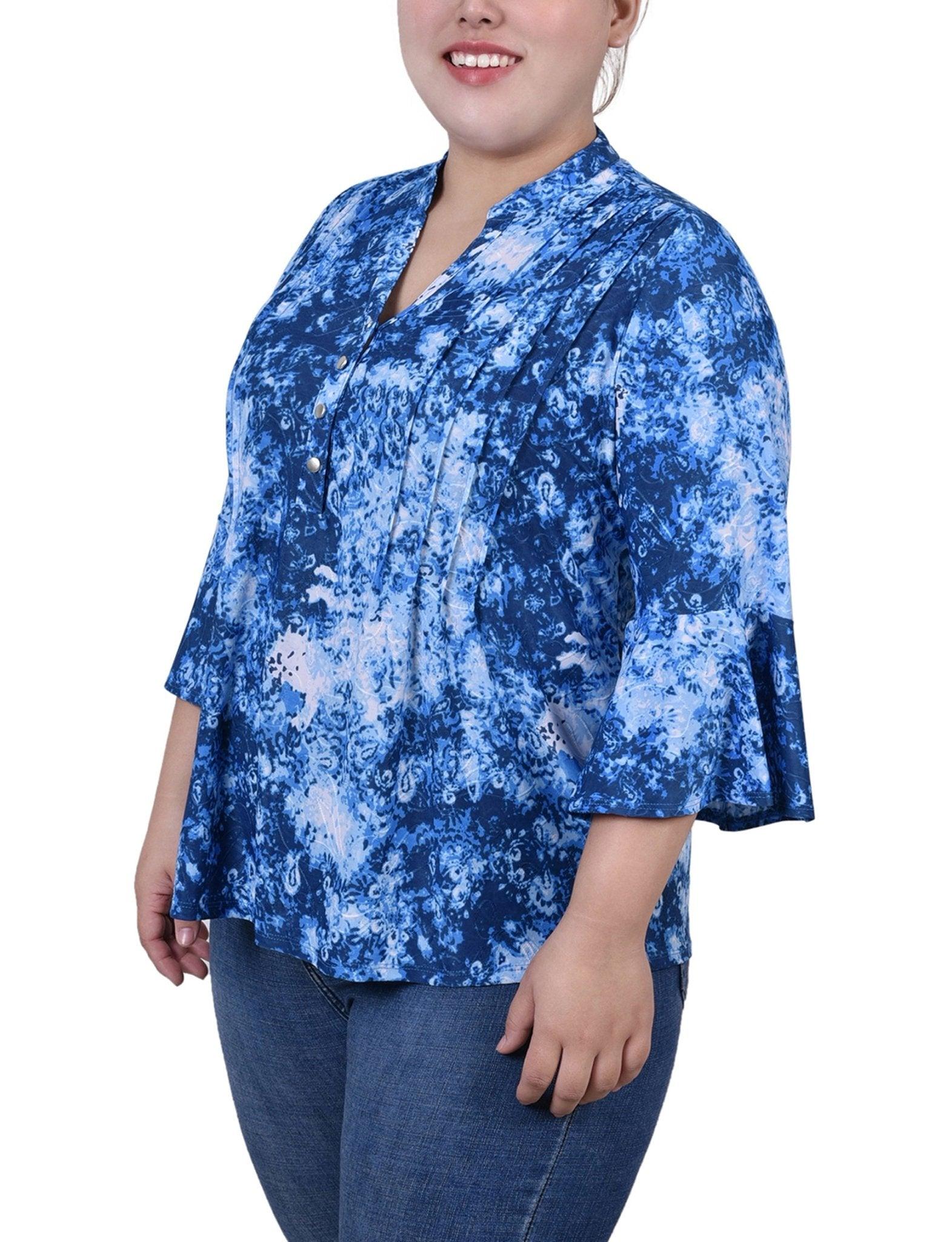 Blue Flower 3/4 Bell Sleeve Pleat Front Y Neck Top - Plus Product Image