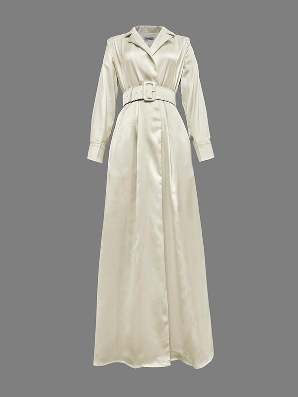 Long Sleeves Loose No Belt Solid Color Notched Collar Maxi Dresses Product Image