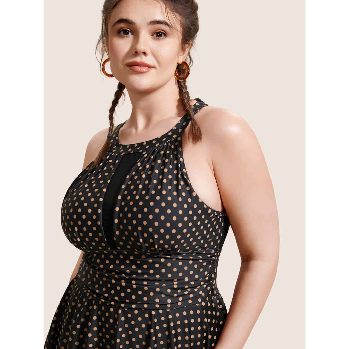 Plus Size Polka Dot Halter Neck Gathered Swim Dress Women's Swimwear Black Beach Bodycon Halter neck High stretch Curve Swim Dresses BloomChic 10/M Product Image