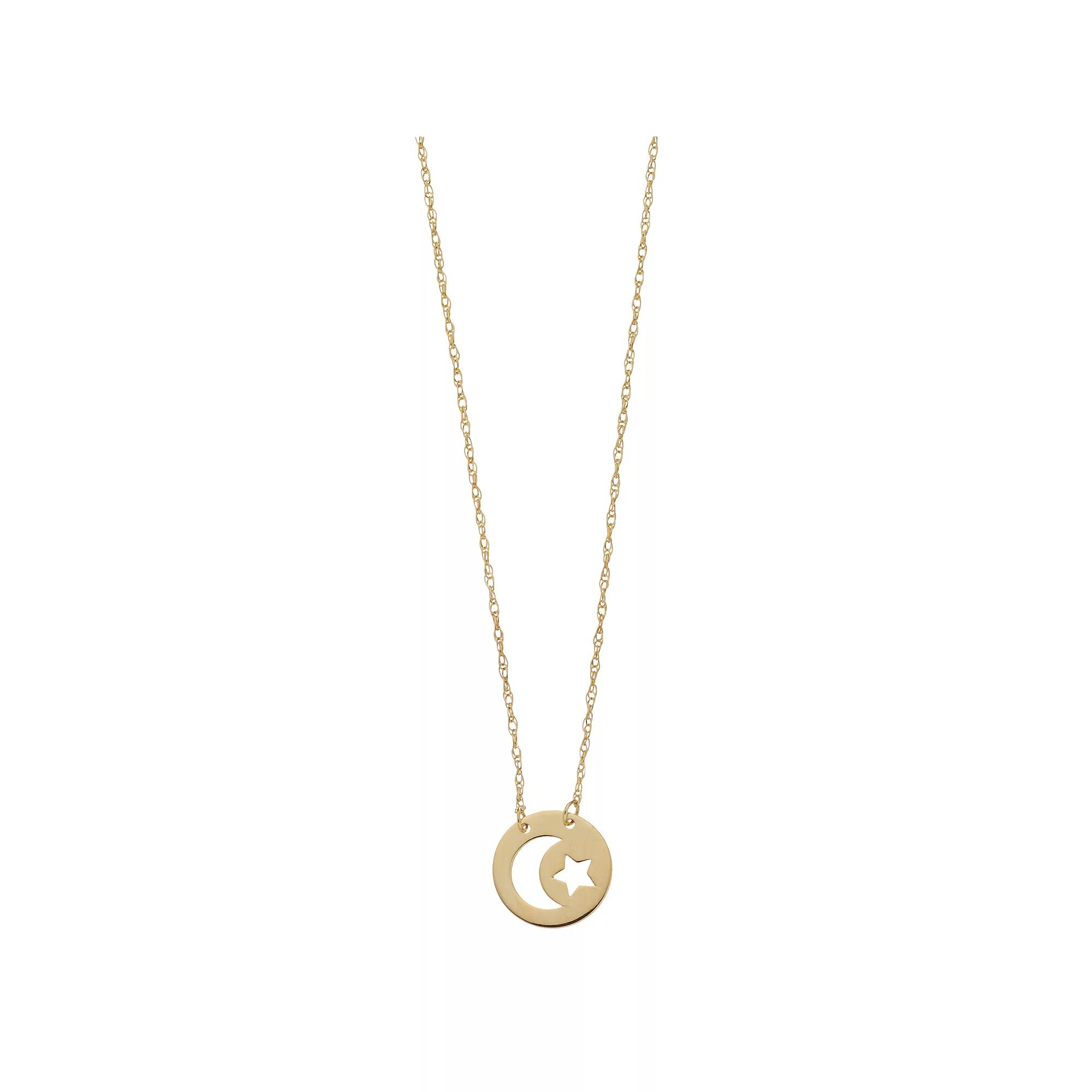 14k Gold Mini Moon & Star Cutout Disc Adjustable Necklace, Women's, Size: 18" Product Image