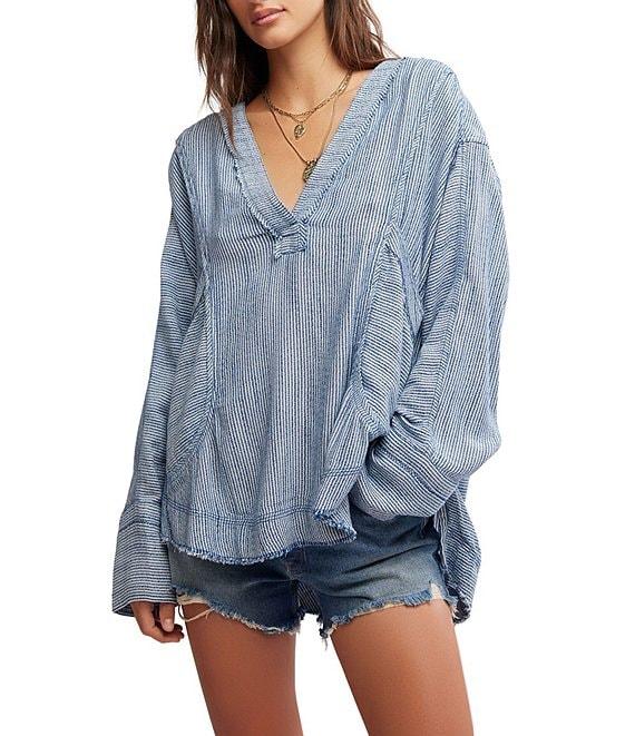 Free People By The Shore Stripe Printed V-Neck Long Sleeve Shirt Product Image