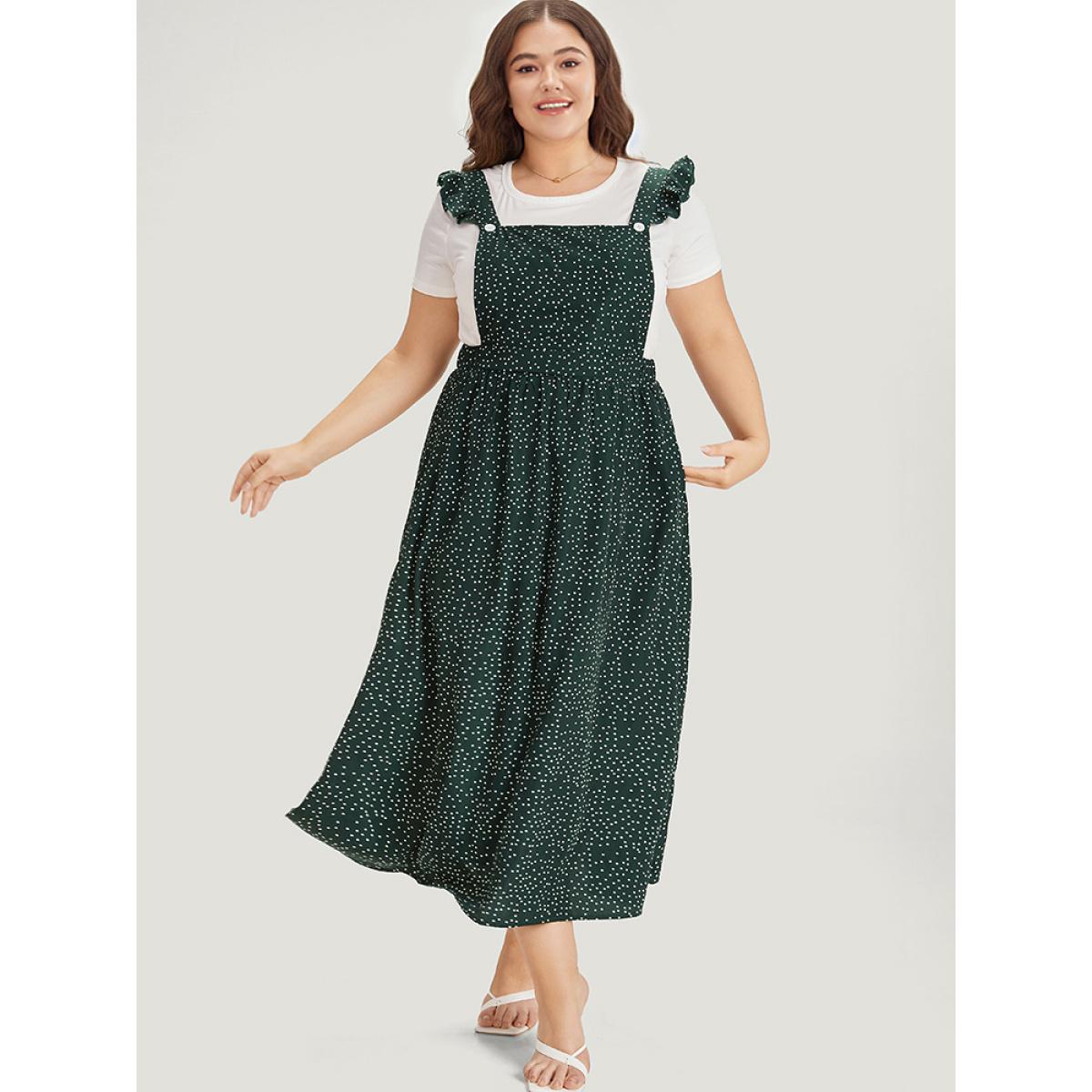 Plus Size Polka Dot Pocket Flutter Trim Overall Dress Green Women Casual Elastic Waist Spaghetti Strap Sleeveless Curvy Midi Dress BloomChic 10/M Product Image