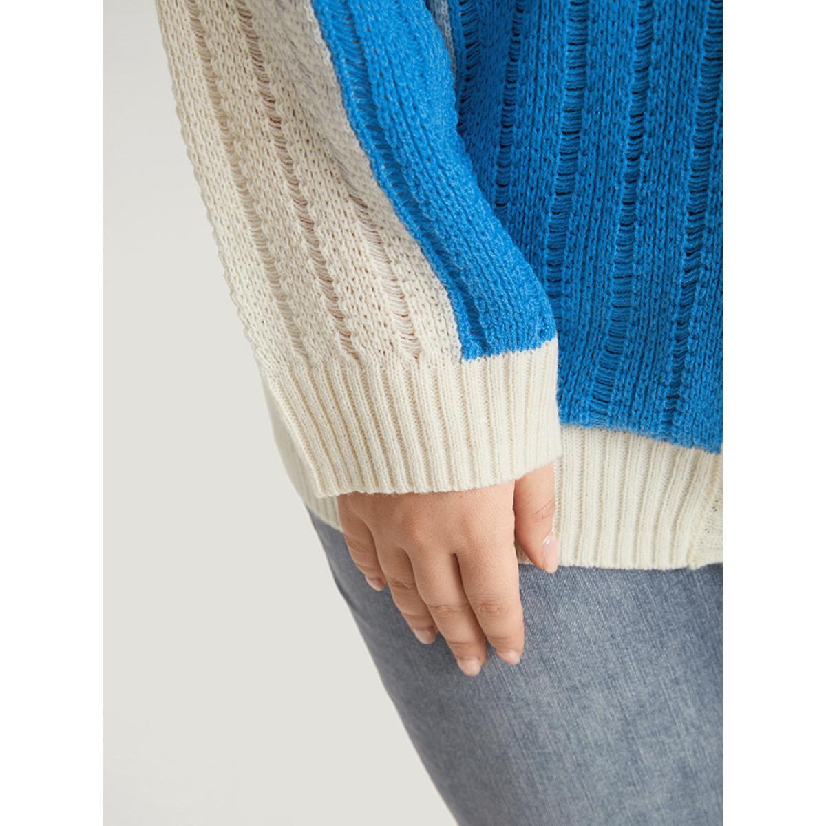 Plus Size Colorblock Contrast Button Down Drop Shoulder Cardigan Blue Women Casual Loose Long Sleeve Everyday Cardigans BloomChic 22-24/3X Product Image